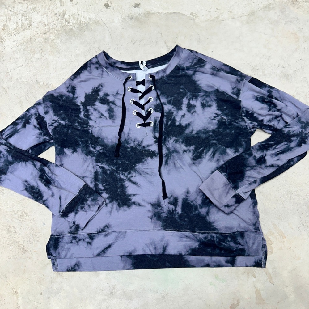 Mudd Tie Dye Lace Up Sweatshirt Pullover Long Sleeve Gray Black XL